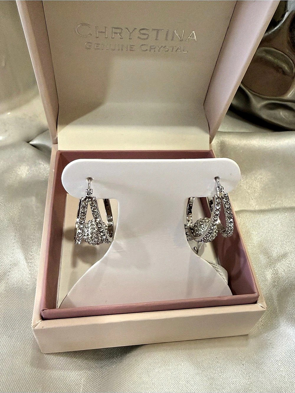 Christina Greene Crystal Fine Silver Pair Silver Hoop Earrings NWT